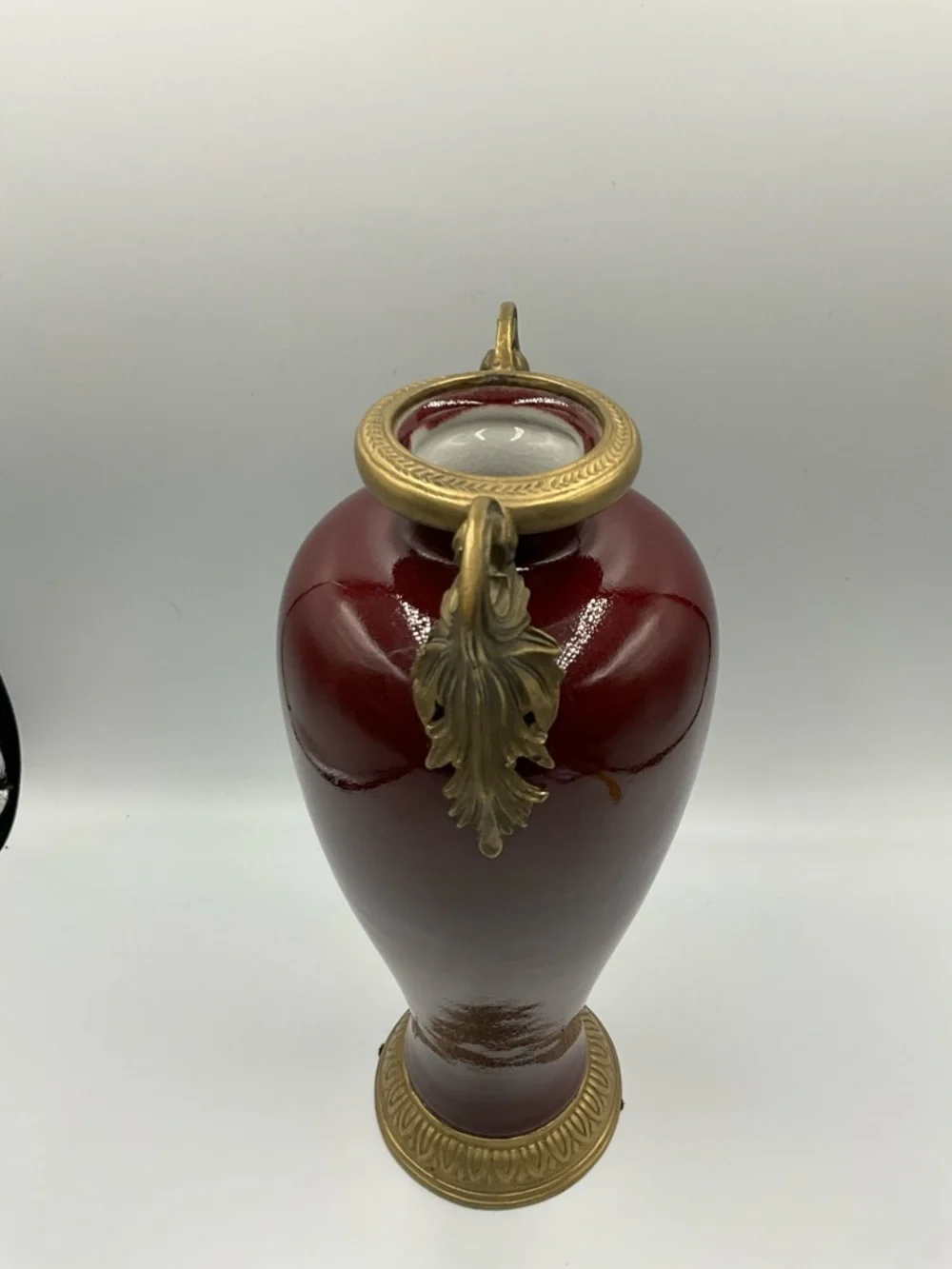Vintage Porcelain Vase Oxblood Red Glaze Gilt Bronze Mounts Scroll Handles